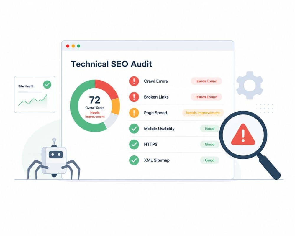 Technical SEO audit dashboard displaying a 72 overall score, with issues in crawl errors and broken links. A robot and warning symbol emphasize caution.