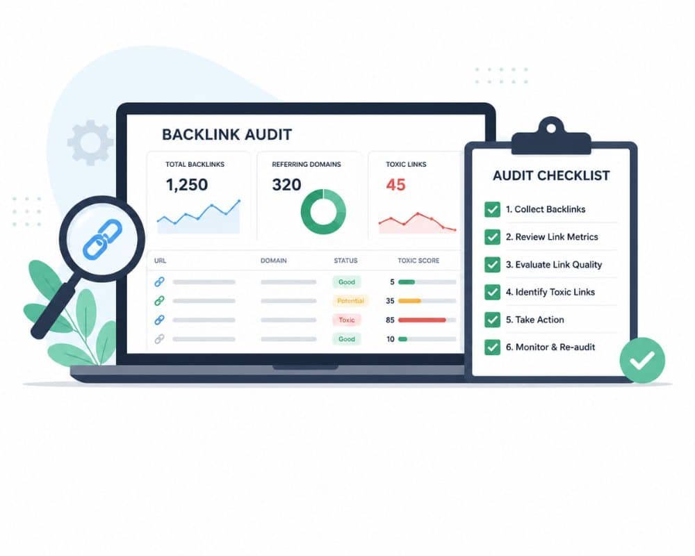 Illustration of a backlink audit with a laptop displaying metrics: 1,250 backlinks, 320 referring domains, 45 toxic links. A checklist on a clipboard shows audit steps, including collecting backlinks and monitoring. A magnifying glass and leaves add detail to the design.