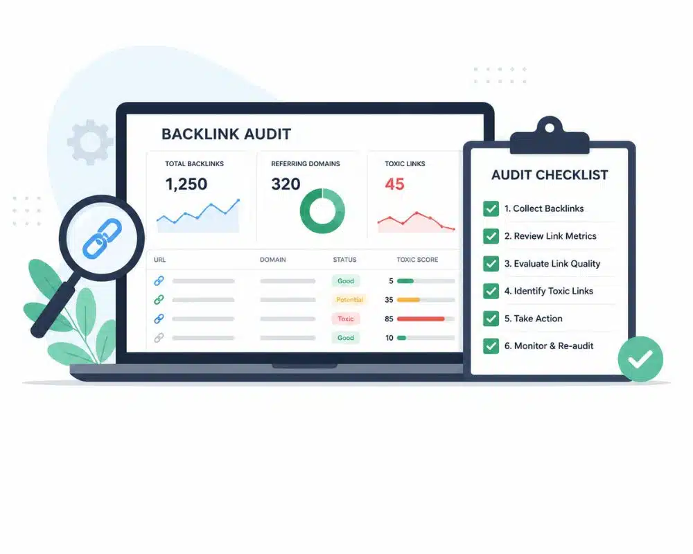 Backlink audit checklist: Step-By-Step Illustration of a backlink audit with a laptop displaying metrics: 1,250 backlinks, 320 referring domains, 45 toxic links. A checklist on a clipboard shows audit steps, including collecting backlinks and monitoring. A magnifying glass and leaves add detail to the design.