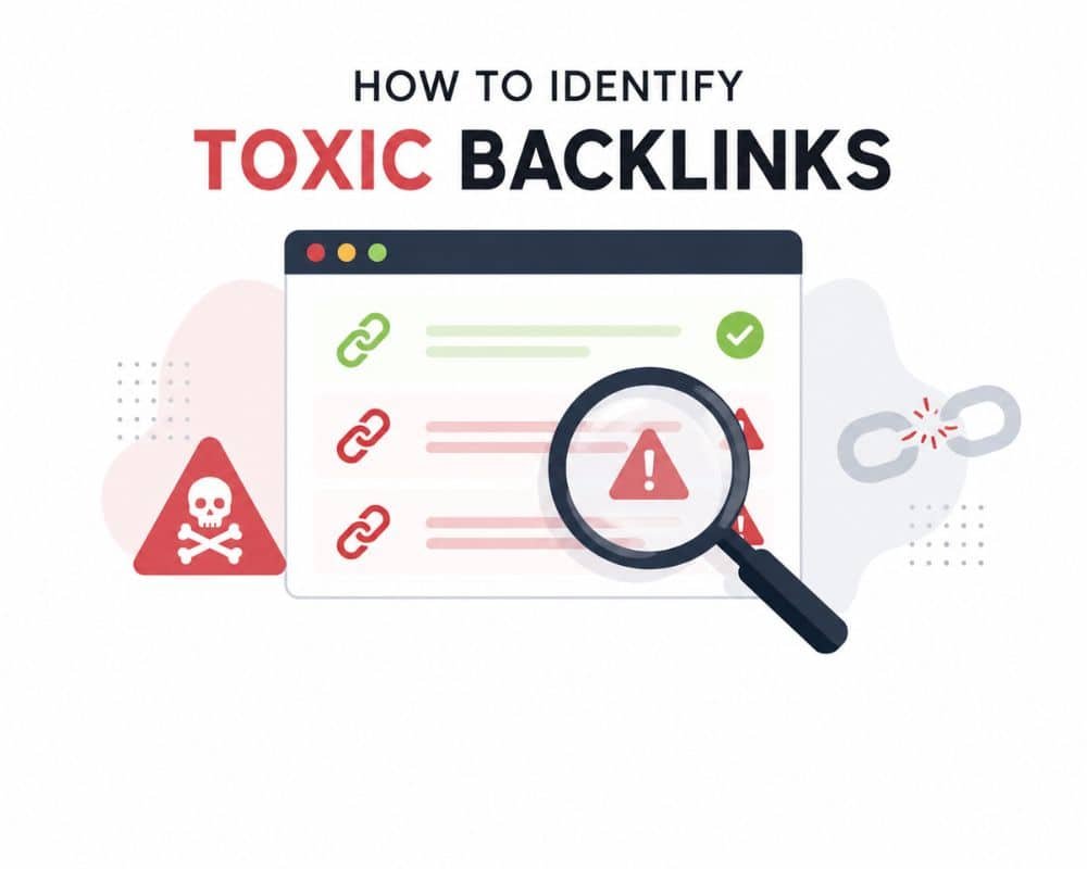 Illustration of a web page with colorful links, a magnifying glass highlighting a warning icon, skull icon, and broken chain, titled "How to Identify Toxic Backlinks."