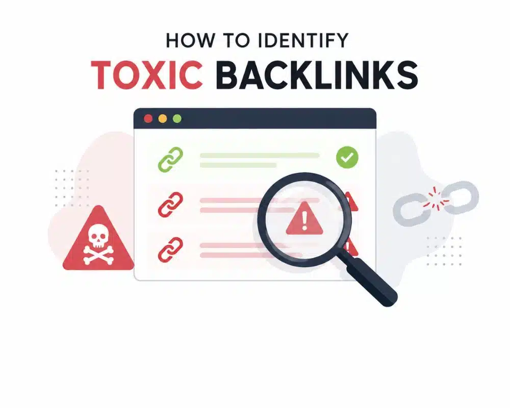 Identify Toxic Backlinks Illustration of a web page with colorful links, a magnifying glass highlighting a warning icon, skull icon, and broken chain, titled "How to Identify Toxic Backlinks."