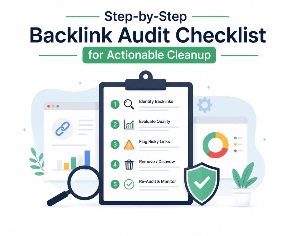 Step-by-Step Backlink Audit Checklist Digital graphic titled 'Step-by-Step Backlink Audit Checklist'. Features a clipboard with steps including identifying and evaluating backlinks. Icons of a magnifying glass, chart, and shield suggest analysis and protection.