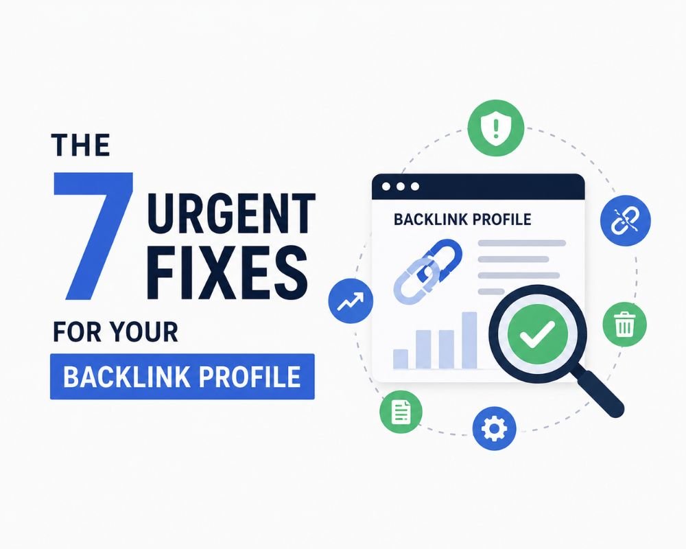 "The 7 Urgent Fixes for Your Backlink Profile" next to a graphic of a webpage with a magnifying glass, symbols of links, charts, and security icons.