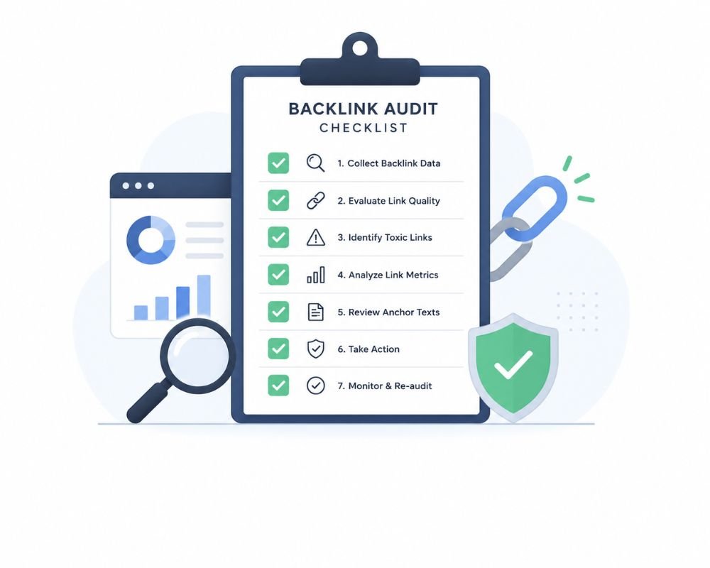 Complete Backlink Audit Process Checklist Backlink audit checklist on a clipboard shows 7 tasks with icons. Includes analyzing links and taking action. Background has magnifying glass and shield.