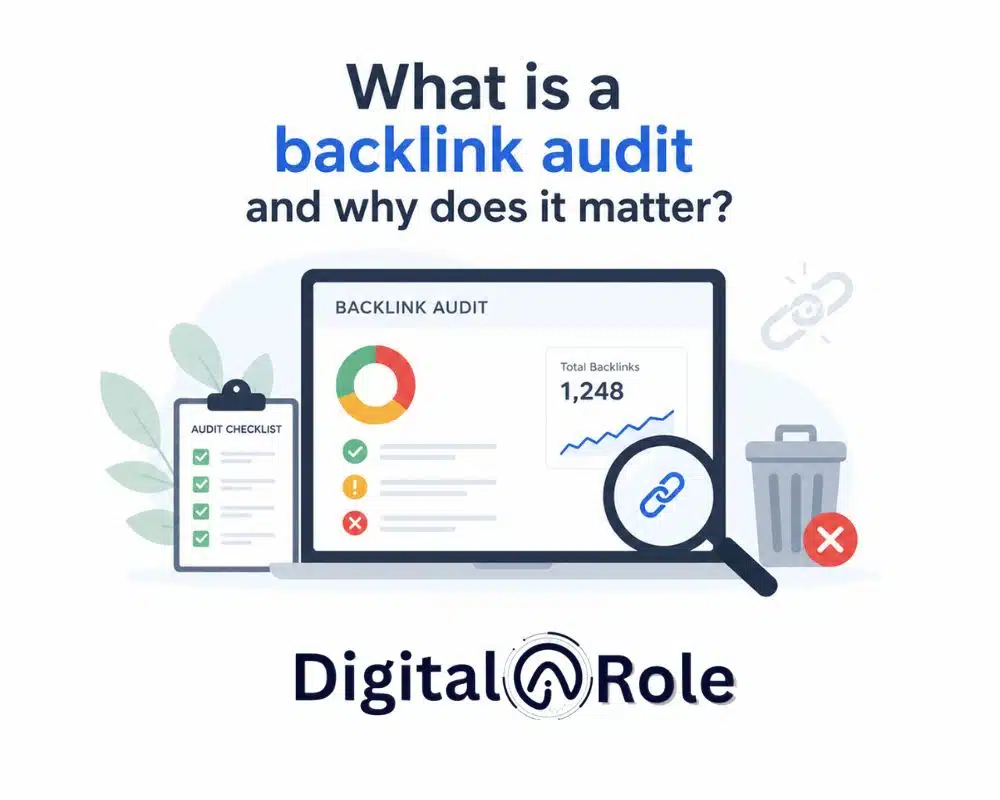 What is backlink audit Graphic titled 'What is a backlink audit and why does it matter?' shows a laptop with backlink audit stats, a checklist, and a trash can symbol. Digital Role logo at the bottom.