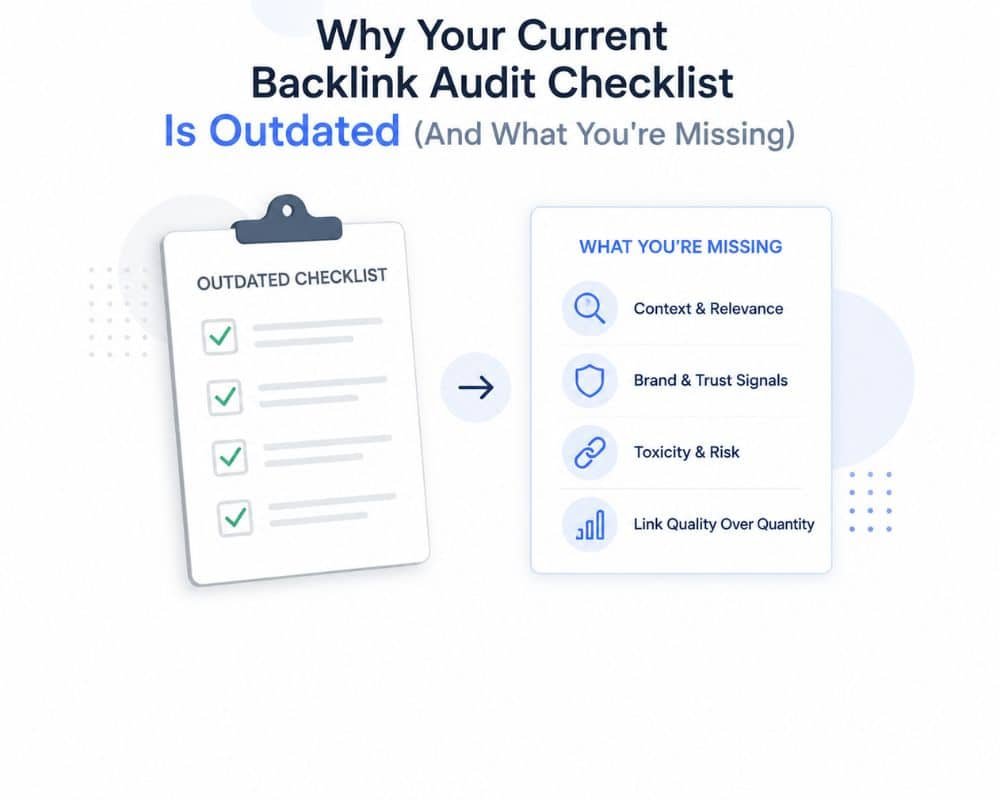Backlink Audit Checklist Is Outdated Comparison of two checklists titled 'Outdated Checklist' and 'What You're Missing.' The outdated list has checkmarks, while the second highlights context, brand signals, toxicity, and link quality with icons. Arrows indicate progression from old to new.