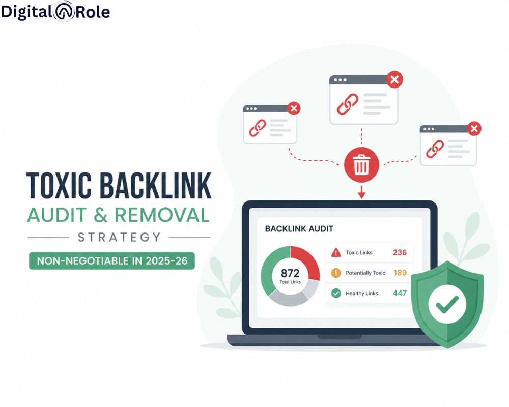 Infographic titled 'Toxic Backlink Audit & Removal Strategy' with a laptop showing a chart of backlink types. Emphasizes removing harmful links and is labeled non-negotiable for 2025-26. Includes icons for toxic links and a shield symbolizing protection.