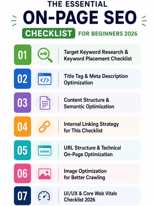 Infographic titled 'The Essential On-Page SEO Checklist for Beginners 2026.' Lists seven items: 1) Target Keyword Research, 2) Title Tag Optimization, 3) Content Structure, 4) Internal Linking Strategy, 5) URL Structure, 6) Image Optimization, 7) UI/UX Core Web Vitals. Each item has an associated icon and number.