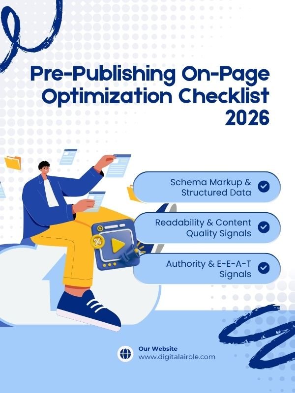Illustration of a person on a cloud with floating documents and icons, next to text 'Pre-Publishing On-Page Optimization Checklist 2026'. Checklist includes 'Schema Markup', 'Readability', and 'Authority'. Website link at bottom.