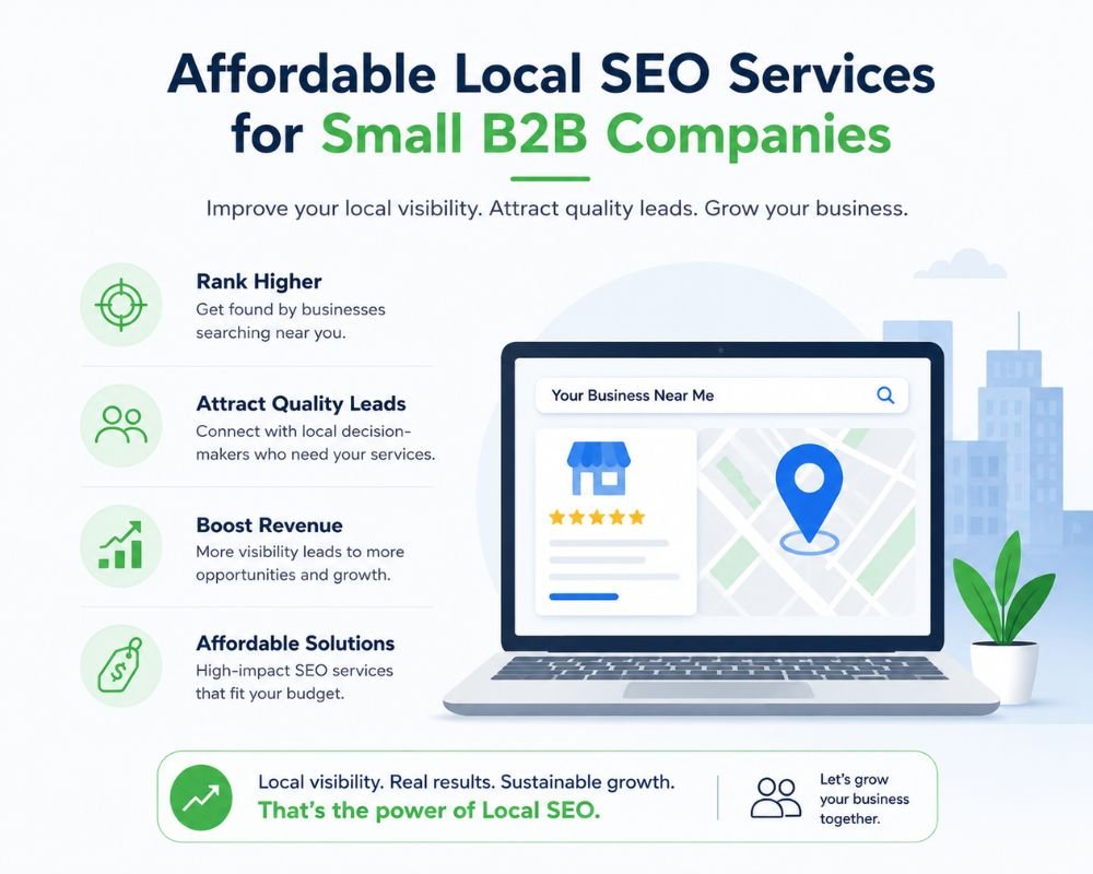 Affordable Local SEO Services B2B Promotional graphic for affordable local SEO services targeting small B2B companies. Features benefits like ranking higher, attracting quality leads, and boosting revenue. Includes a laptop displaying a local search map with location pin. Visuals convey professionalism and growth, with icons and a plant symbolizing eco-friendly growth.