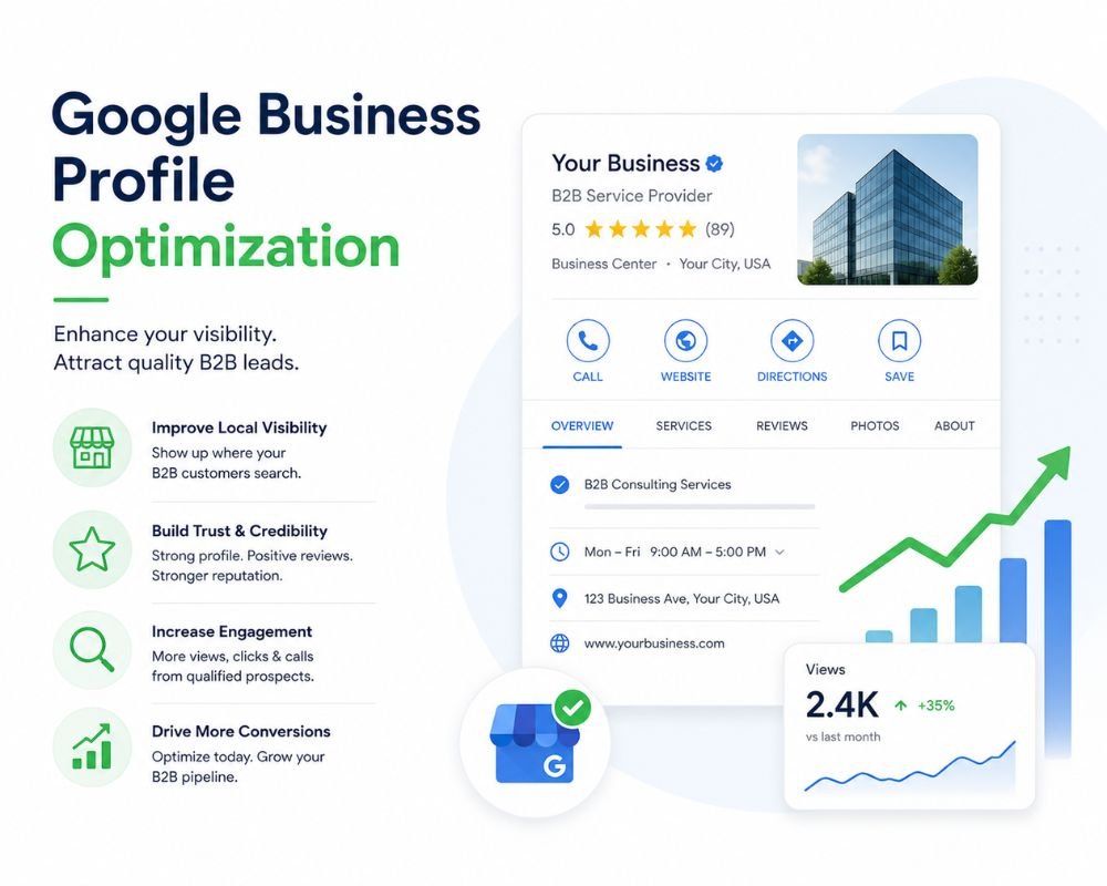 Google Business Profile optimisation for B2B Infographic titled 'Google Business Profile Optimization' features a sample business profile with contact info, high ratings, and rising graph, emphasizing visibility, trust, engagement, and conversions for B2B leads.