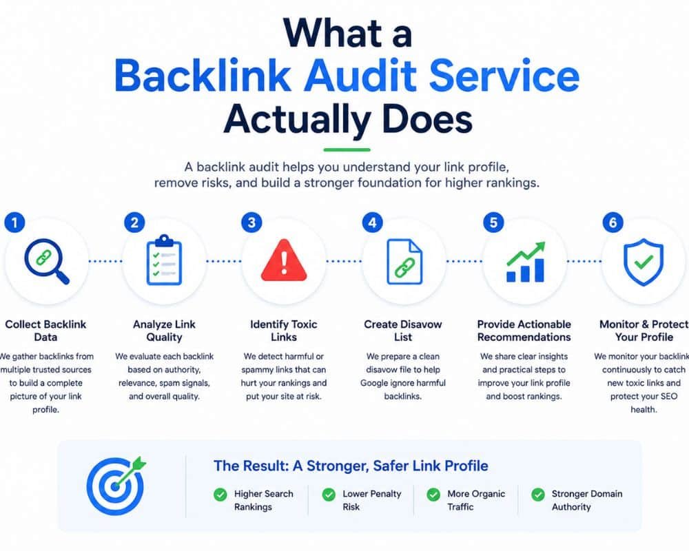 What is Backlink Audit A visual representation of a backlink audit service analyzing website links for SEO performance and quality assessment.