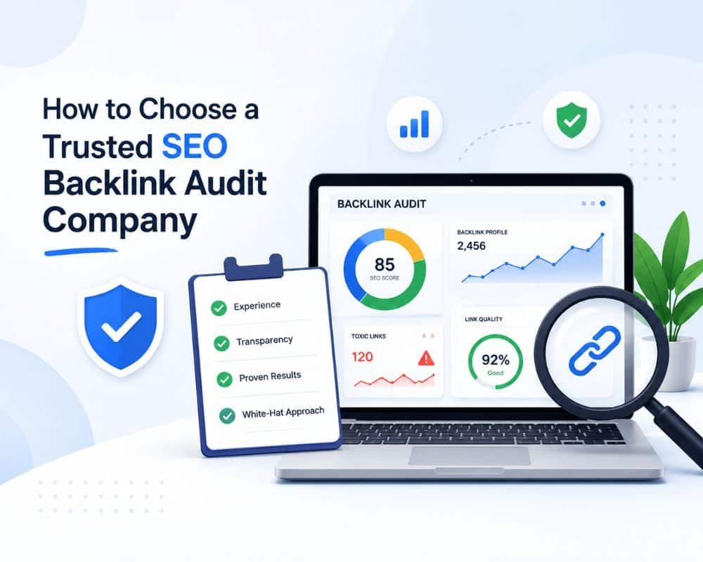 How to choose a Trusted Backlinks SEO Comapny A person reviewing a checklist on a laptop, focusing on selecting a reliable SEO backlink audit company.