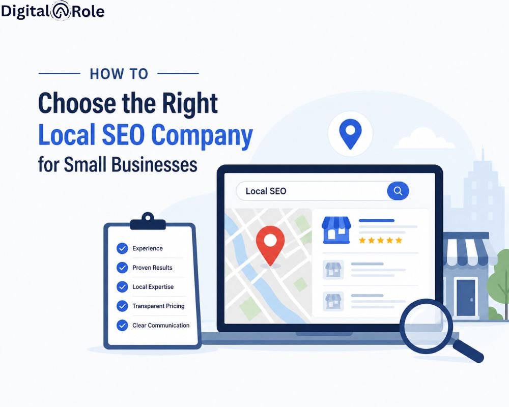 Graphic titled 'How to Choose the Right Local SEO Company for Small Businesses' shows a laptop with a map, a red location pin, SEO results, and a checklist of criteria like experience and communication. A magnifying glass symbolizes search.