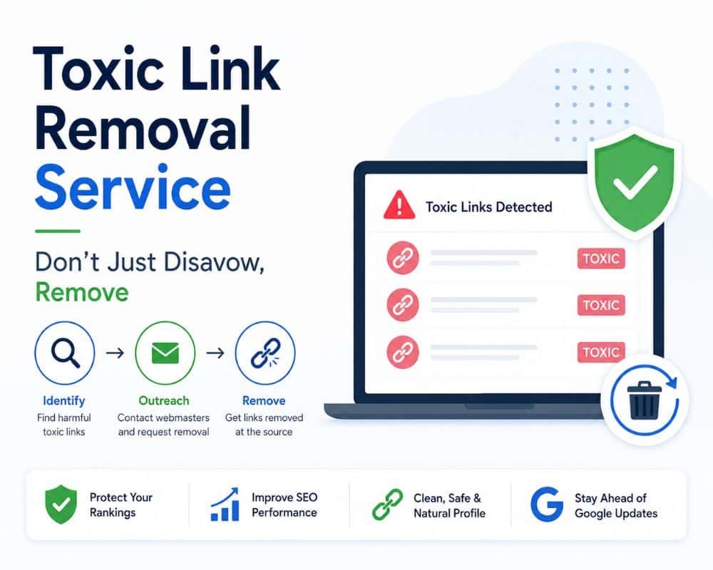 Toxic Link Removal Service WordPress plugin interface for a toxic link removal service, displaying options for managing and analyzing backlinks.