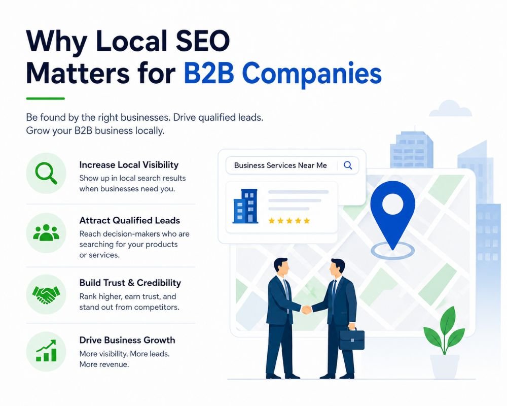 Local SEO Matters for B2B Companies Illustration of two businesspeople shaking hands in front of a map with location pin. Text highlights benefits of local SEO for B2B companies.