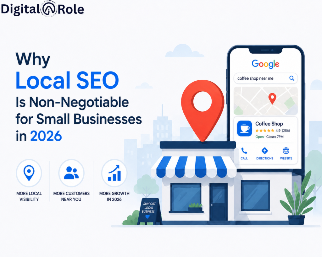 Illustration of a storefront with a phone displaying a map and location pin, highlighting "Local SEO" importance for small businesses in 2026. Optimistic tone.