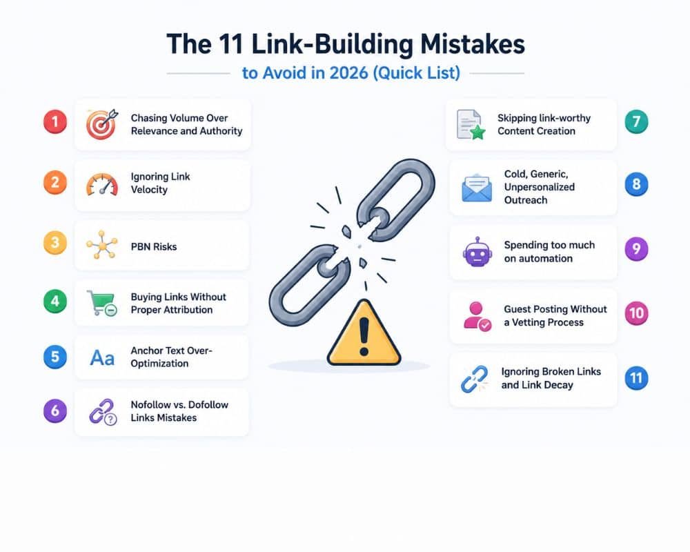 Link-building mistakes infographics A graphic listing 11 common link building mistakes to avoid, featuring icons and brief descriptions for each mistake.
