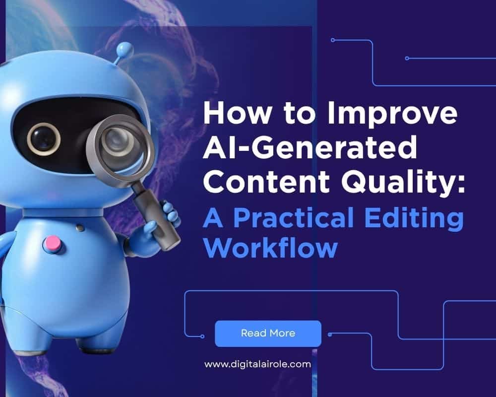 Improve AI-generated Content A blue robot holding a magnifying glass stands next to the text "How to Improve AI-Generated Content Quality: A Practical Editing Workflow" and a "Read More" button.