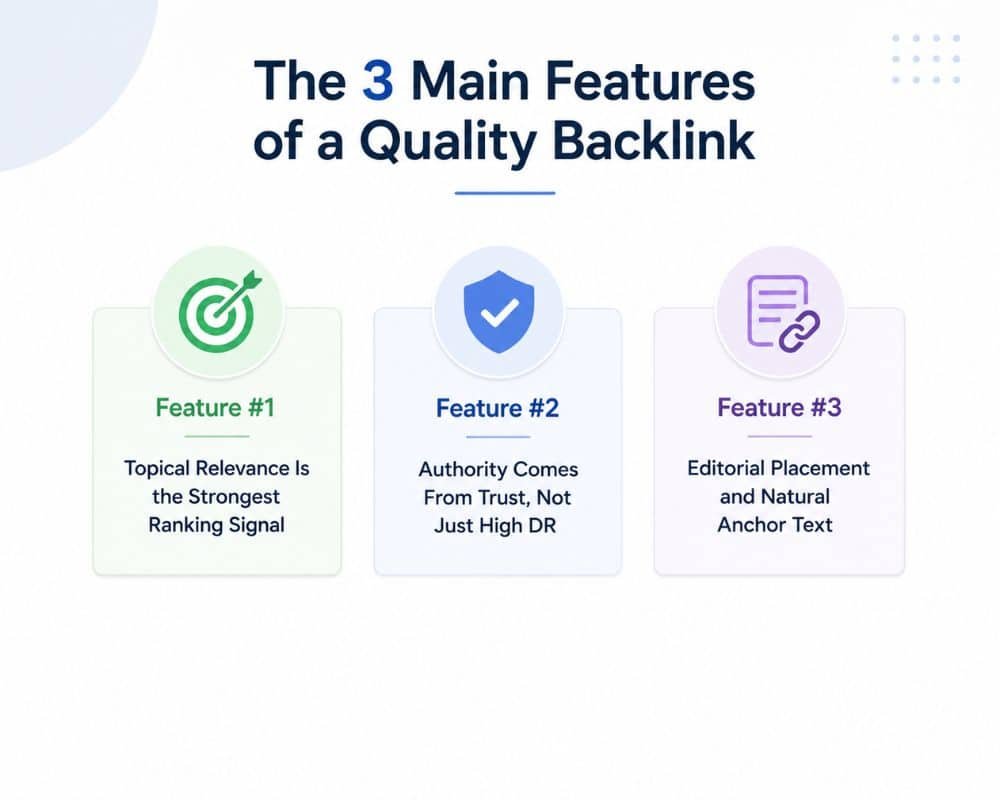 Infographic illustrating What are the 3 main features of a quality backlink relevance, authority, and trustworthiness.