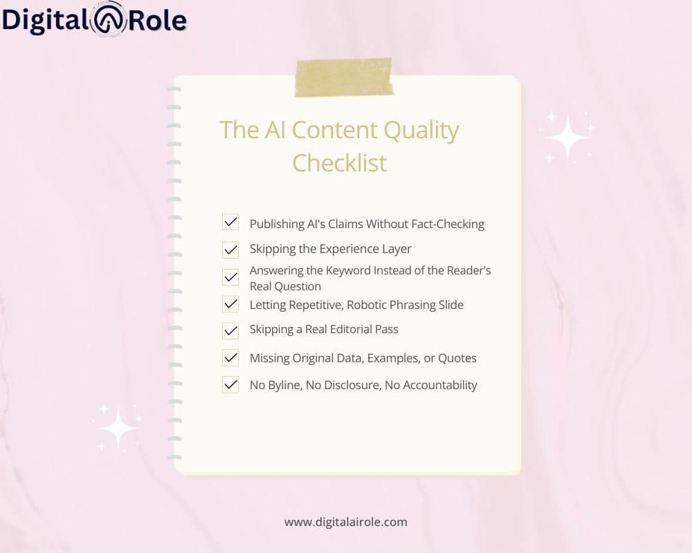 AI Content Quality Checklist A checklist titled 'The AI Content Quality Checklist' with items marked, set against a soft pink background.