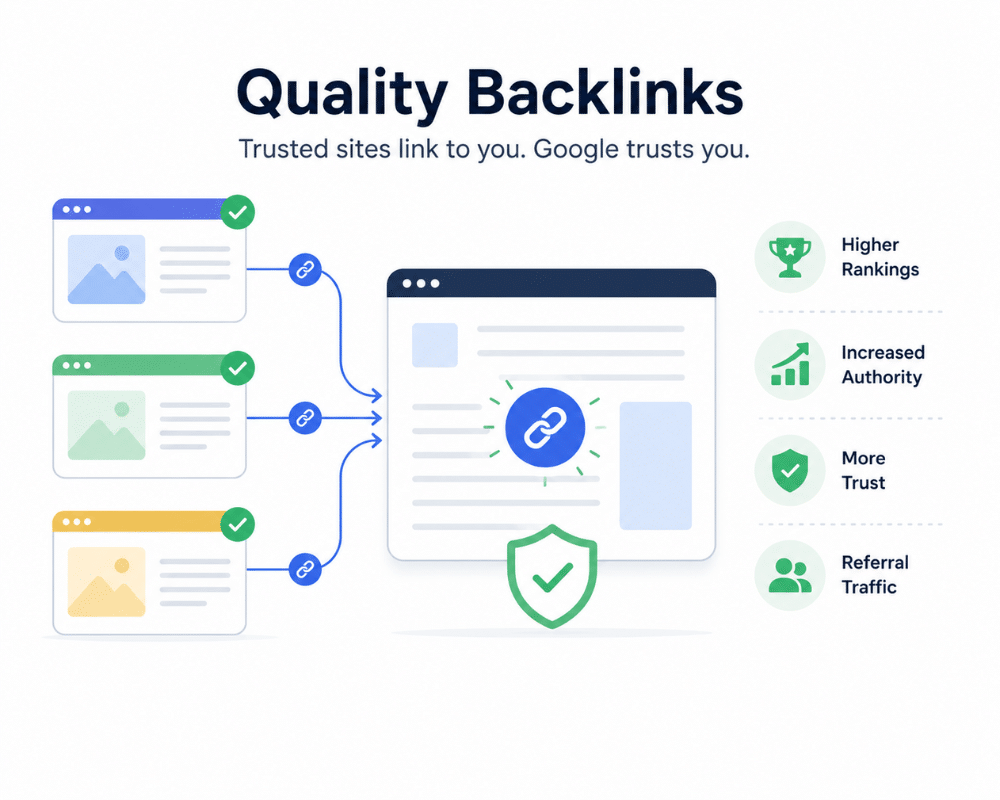 A diagram illustrating the concept of quality backlinks for enhancing website authority and search engine ranking.