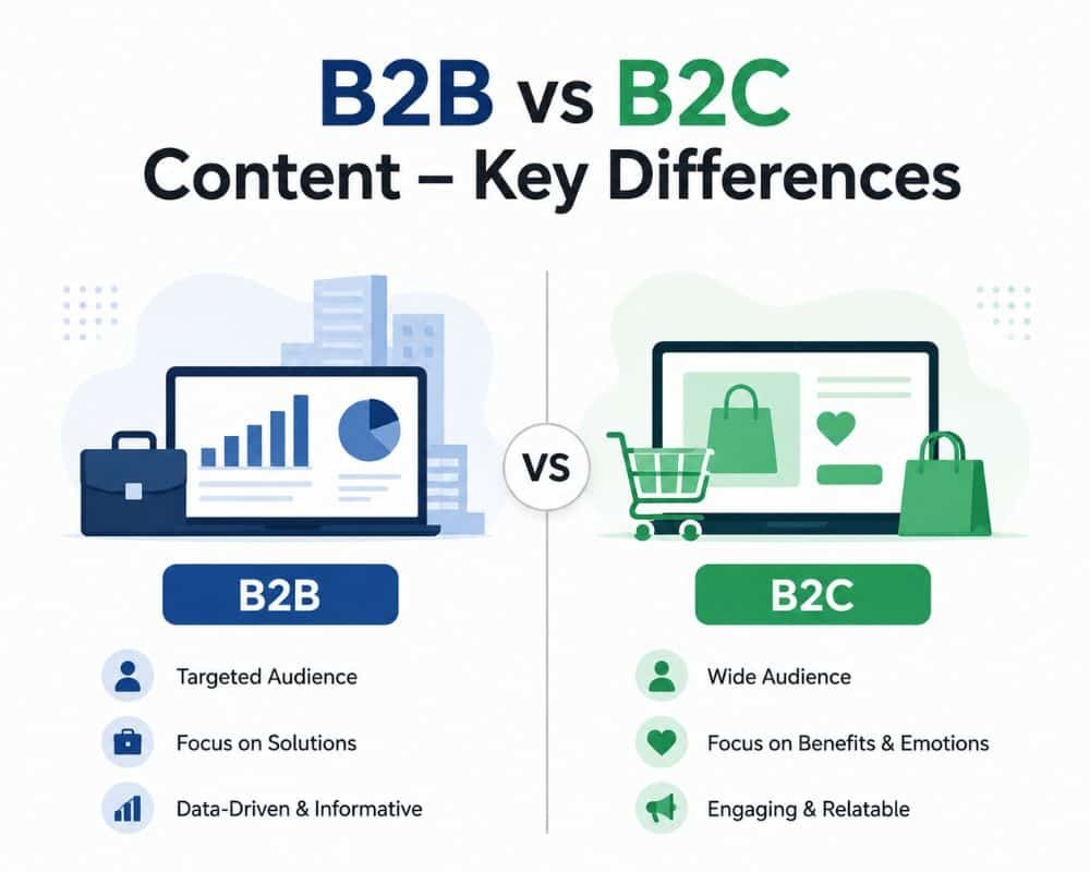  Comparison chart illustrating key differences between B2B and B2C content strategies and target audiences.