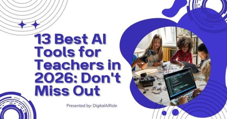 A graphic listing the 13 best AI tools for teachers in 2021, featuring icons and brief descriptions of each tool.