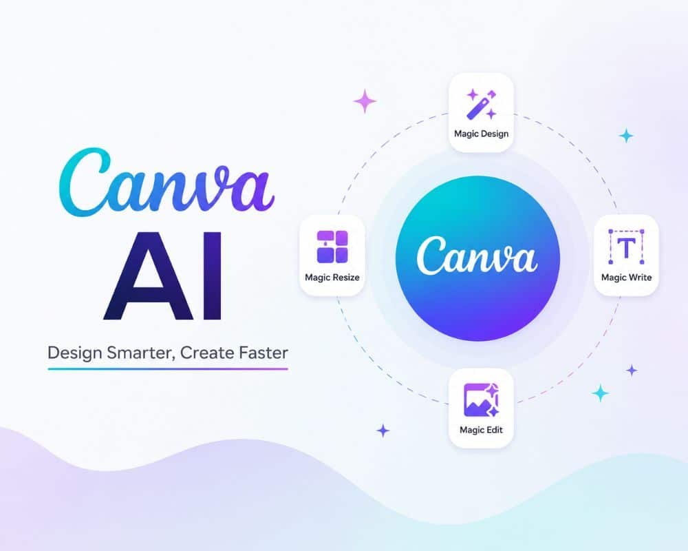Canva AI Canva AI logo with text promoting faster design, creation, and sharing capabilities for users.