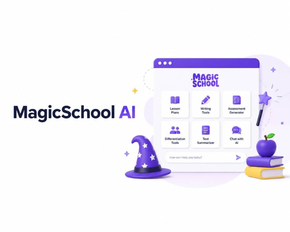 MagicSchool AI An illustration of a magical school with AI elements, featuring futuristic classrooms and enchanted technology.