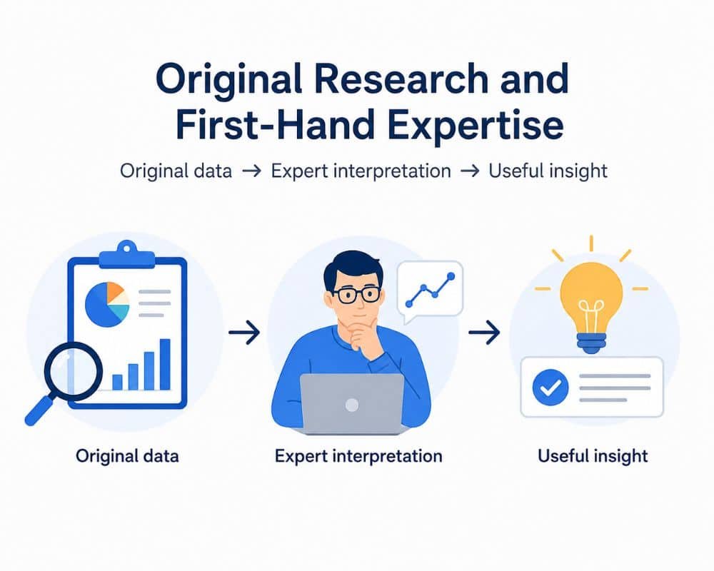 Original Research and First-Hand Expertise A researcher analyzing data and notes, representing original research and firsthand experience in a study.
