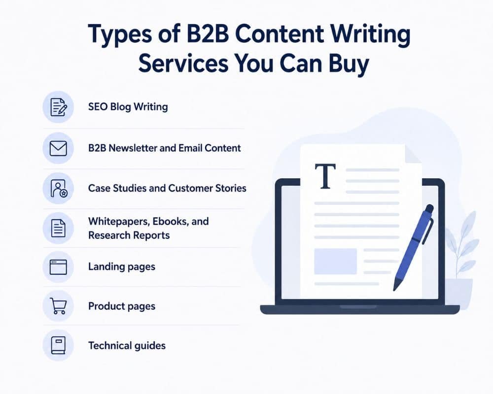 Infographic displaying various B2B content writing services, including blog posts, whitepapers, and case studies.