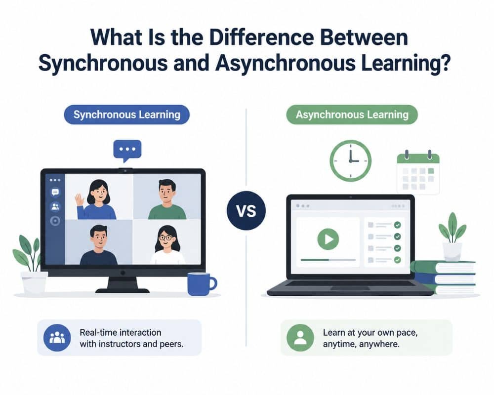 Difference b/w Synchronous and Asynchronous Diagram illustrating synchronous and asynchronous learning methods, highlighting their key differences and applications in education.