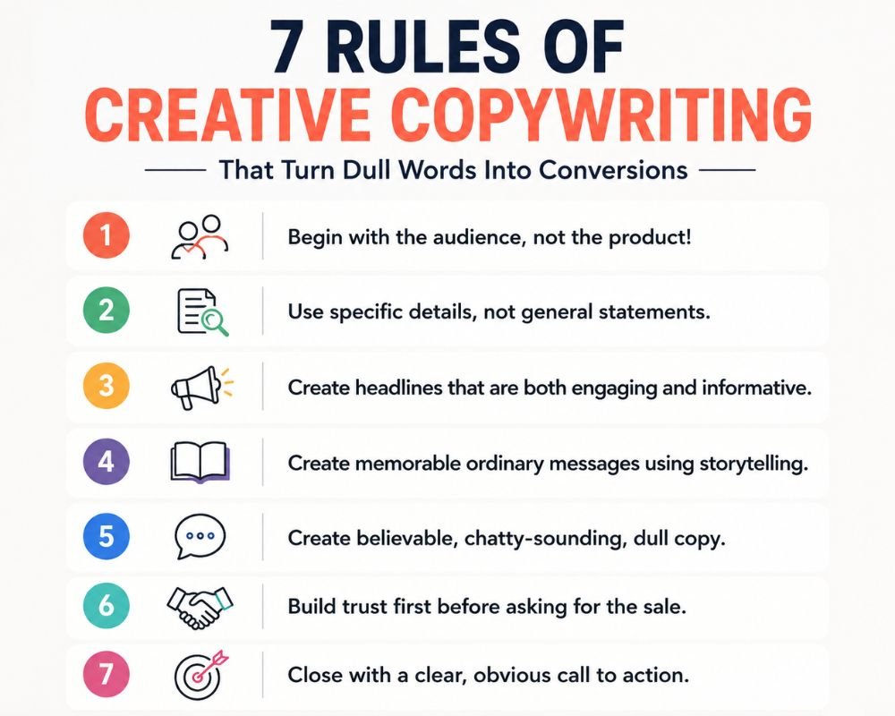 7 Rules of Creative Copywriting Seven rules of creative copywriting displayed in a visually engaging infographic format.