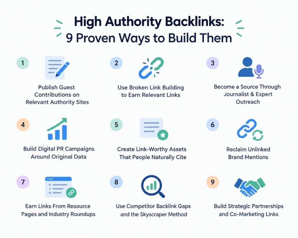 9 Proven Ways to Build Them Nine strategies for acquiring high authority backlinks, presented in a visually engaging infographic format.