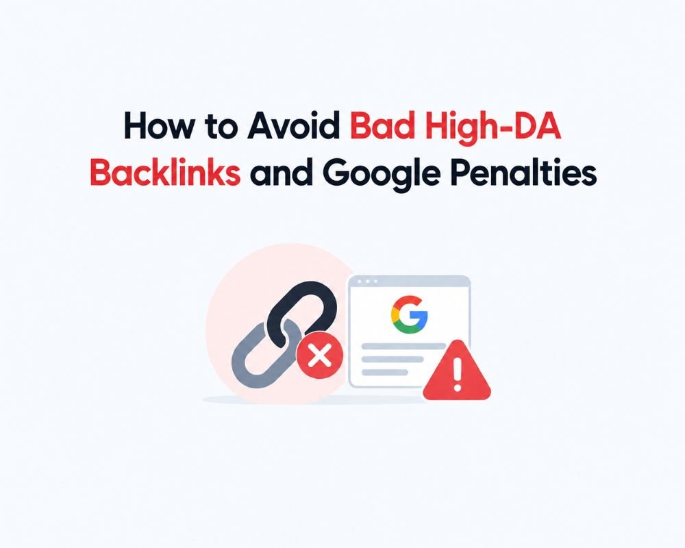 Infographic illustrating tips to avoid low-quality backlinks and Google penalties, featuring icons and brief text explanations.