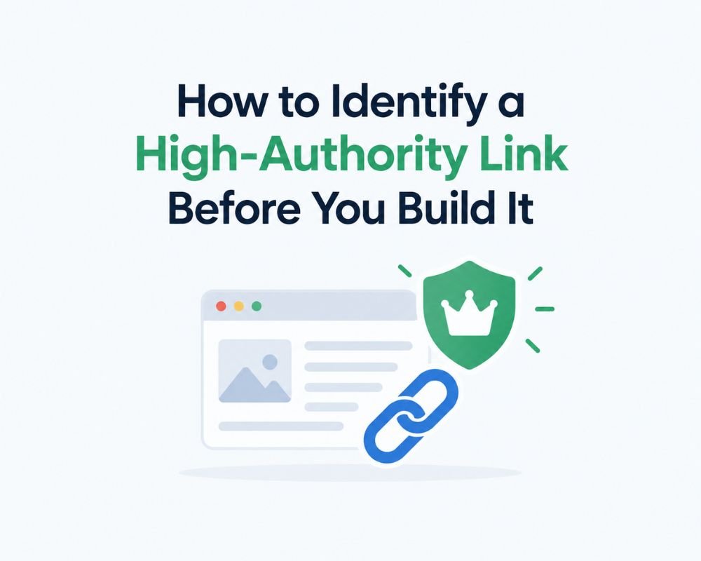 Identity a High-authority link Infographic illustrating steps to identify high authority links, featuring icons and text for clarity and guidance.