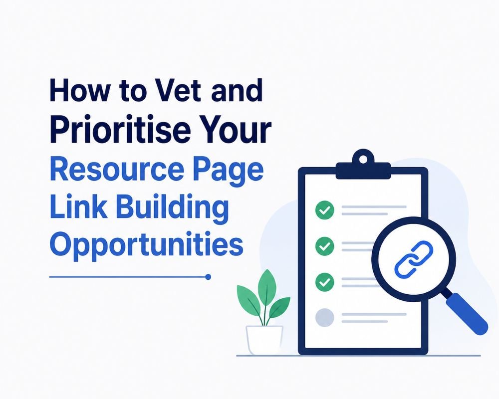 A checklist graphic illustrating steps to evaluate link building opportunities for a priority resource page.