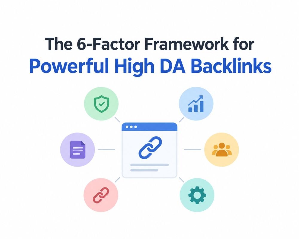  Diagram illustrating the 6-factor framework for creating high domain authority backlinks.