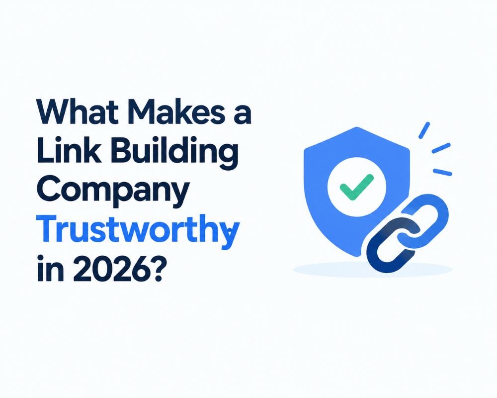 A graphic illustrating key factors for a trustworthy link building company in 2020, including transparency and quality content.