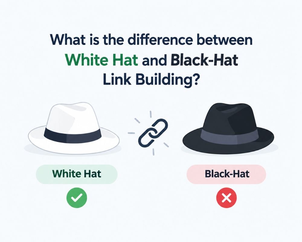 Comparison chart illustrating white hat vs. black hat link building techniques and their ethical implications.