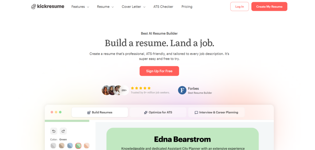 Screenshot of Homepage of Kickresume 