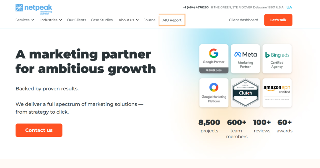 Screenshot of Netpeak homepage