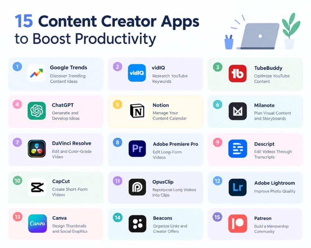 InfoGraphic A collage of 15 app icons designed for content creators, showcasing tools to enhance productivity and creativity.
