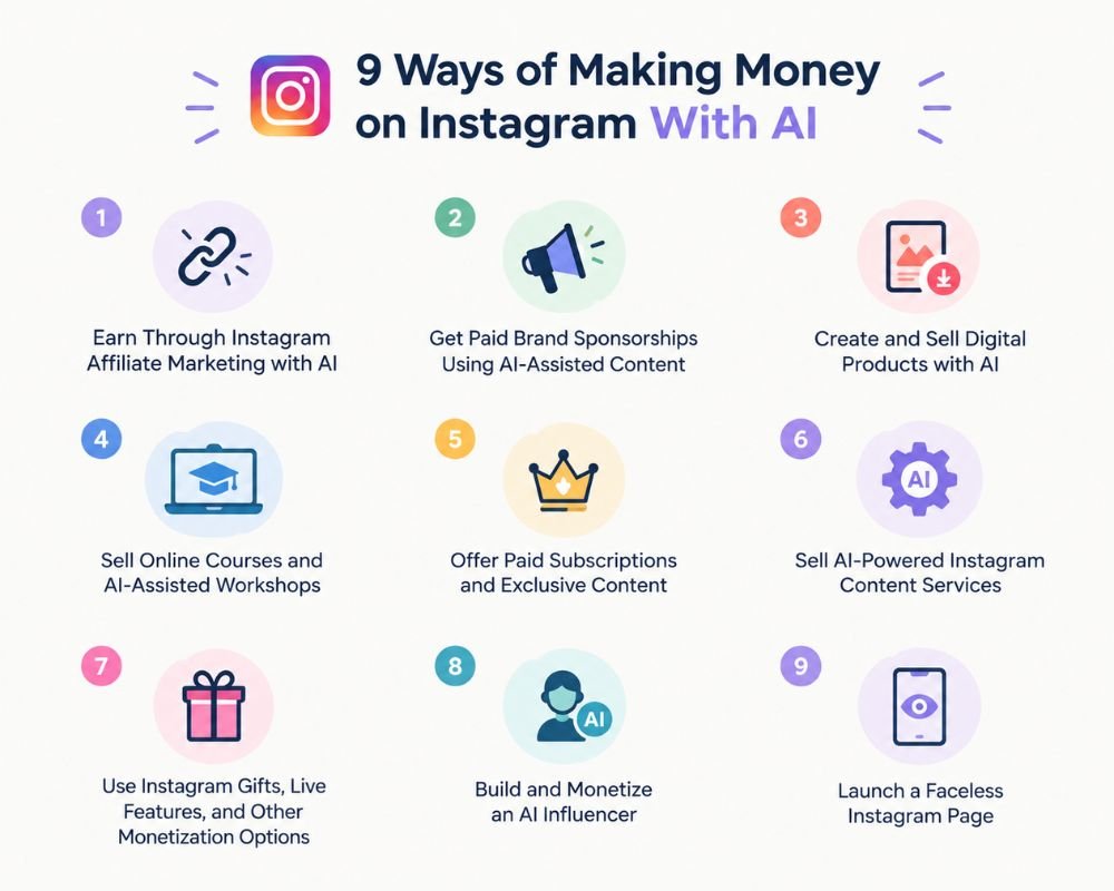 InfoGraphic Infographic illustrating nine methods to earn money on Instagram using AI tools and strategies.