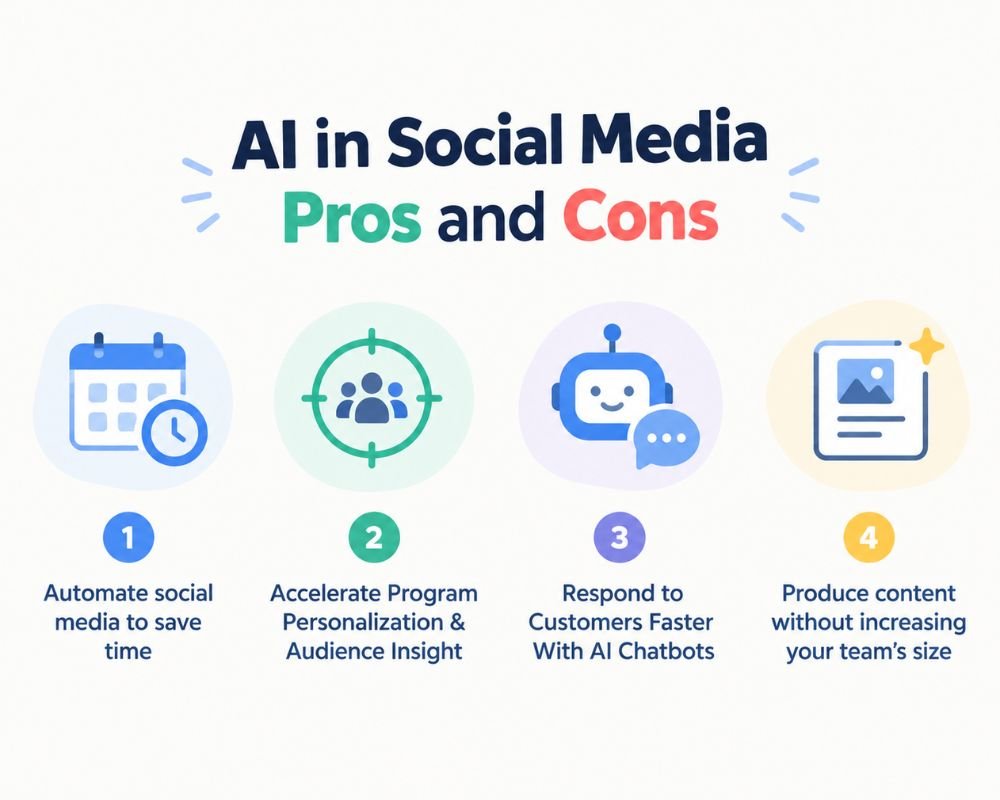 AI in Social Media Pros and Cons Infographic illustrating the pros and cons of AI in social media, featuring icons and brief text descriptions for each point.