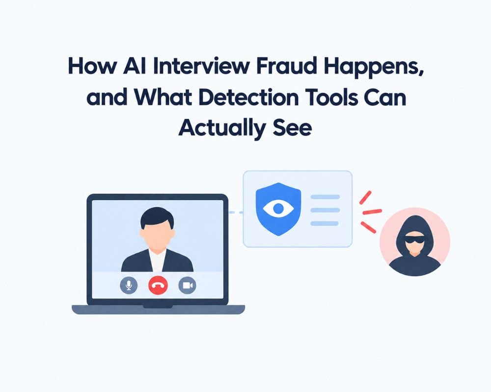Diagram illustrating AI interview fraud methods and detection tools used to identify fraudulent activities