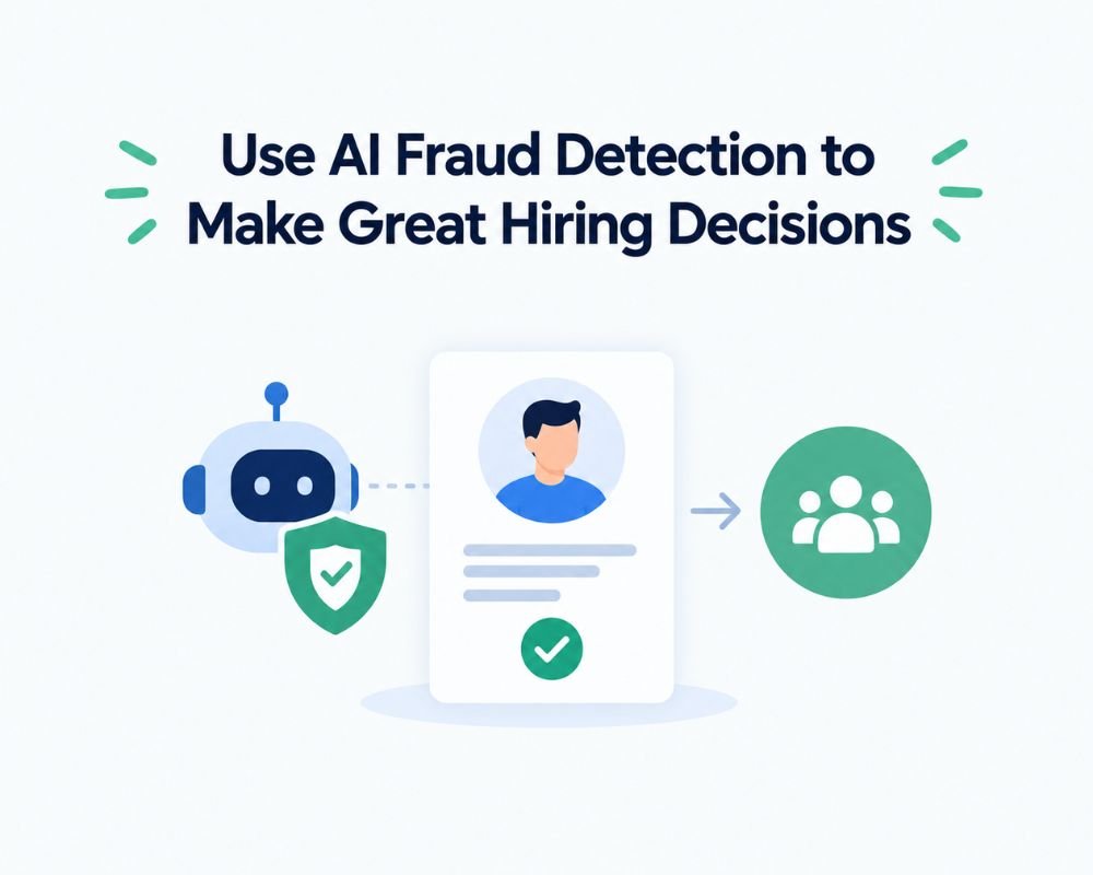 Illustration of AI technology analyzing data for fraud detection in hiring processes.