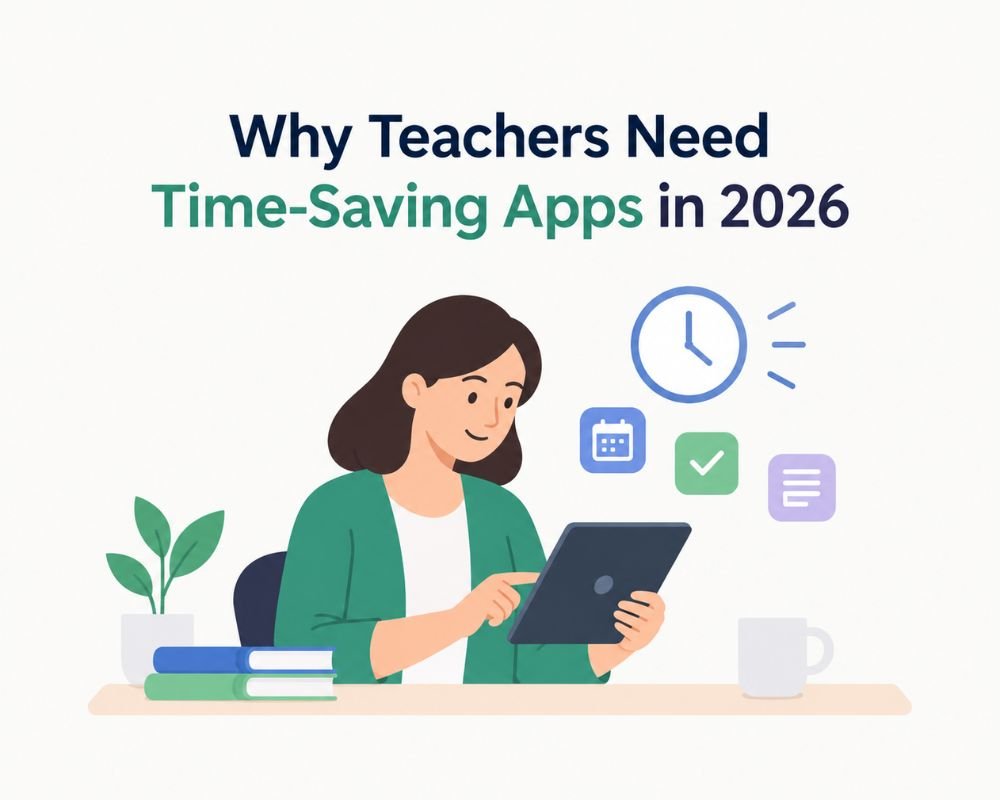 Time Saving Apps A teacher using a tablet to manage tasks, illustrating the benefits of time-saving apps in education in 2016.