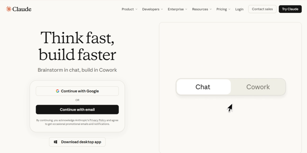 Screenshot of Claude Home page